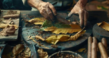 Hand holding a fresh Grabba Leaf ready for rolling cigars.