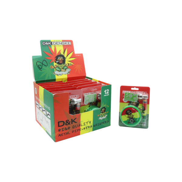 D&K BOB MARLEY THEME ACRYLIC GRINDER WITH HAND PIPE & SCREEN 3CT SET -BOX OF 12 SET (DK7049A)