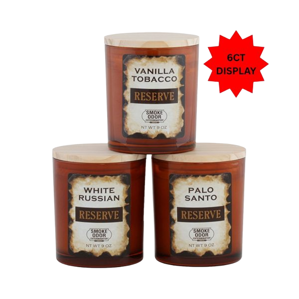 TOP SMOKE ODOR CANDLE RESERVE MIXED CASE 9OZ (VANILLA TOBACCO /PALO SANTO/ WHITE RUSSIAN) -BOX OF 6PCS